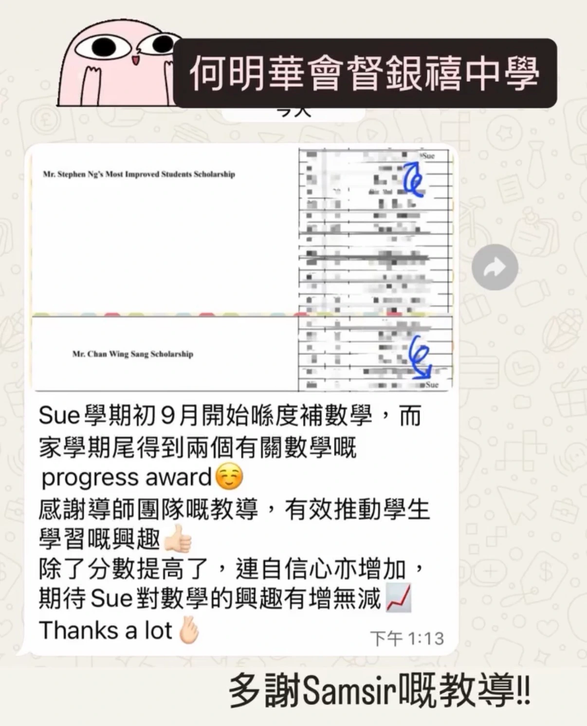 大角咀/新蒲崗分校九龍城區數學補習學生獲進步奬